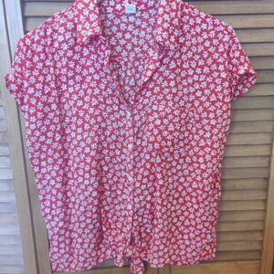 Linen & Cotton Floral Short Sleeve Collared Blouse Tie Front Button Down
